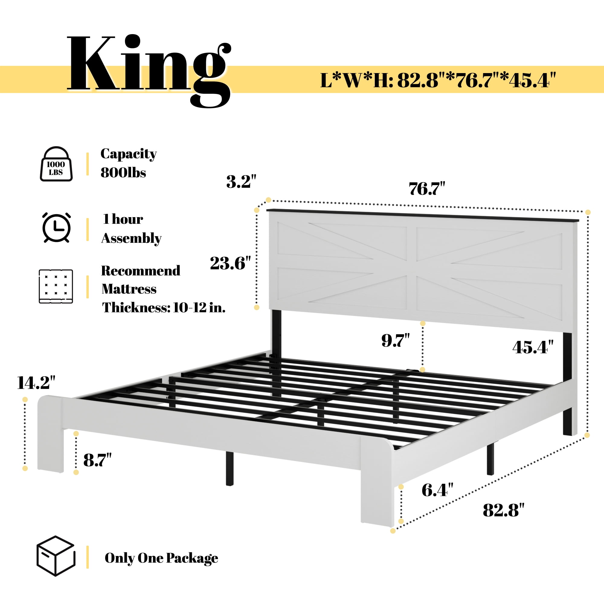 King Size Farmhouse Wooden Bed Frame with Headboard, Boho Platform Bedframe Sturdy Metal Slats Support, No Spring Mattress, Noisy Free, Easy Assembly (King, White)