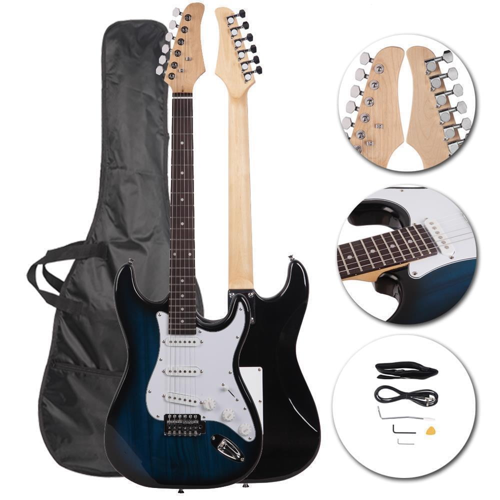 HarmonyStrings 39 Inch Rosewood Fingerboard Electric Guitar,Electric Guitar Beginner Kit Solid Body Full Size Pick Up for Starter, with Bag, Picks, Capo, Strap, Cord,Allen Wrench, Tremolo Arm Blue
