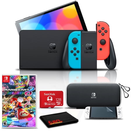 Nintendo Switch OLED Neon Blue/Red with Mario Kart 8 - Nintendo characters, 128GB Card, and More