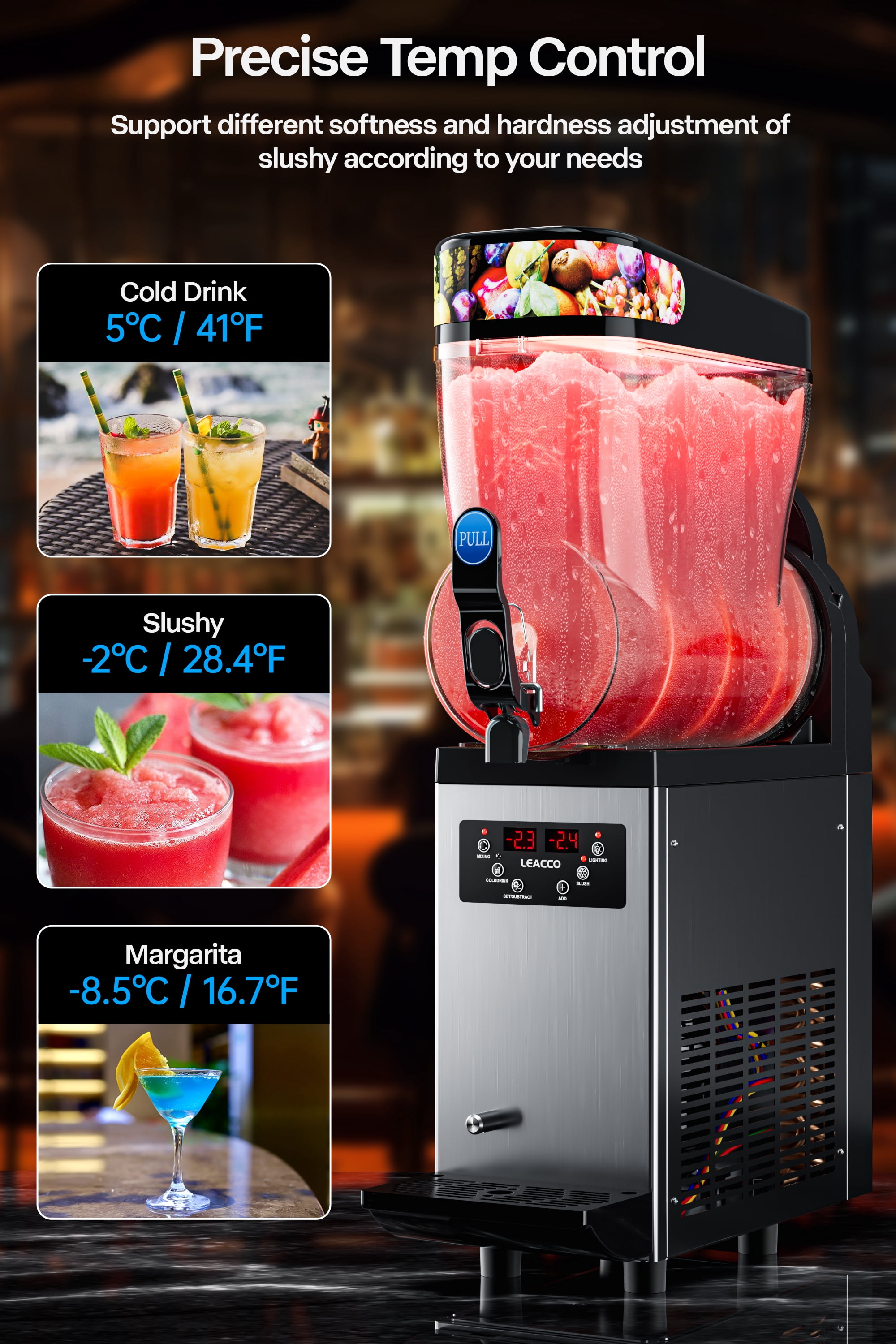 Leacco Commercial Slush Machine, 15L Frozen Drink Margarita Machine Smoothie Slushie Maker Stainless Steel 110V, 500W, 4 Gallon