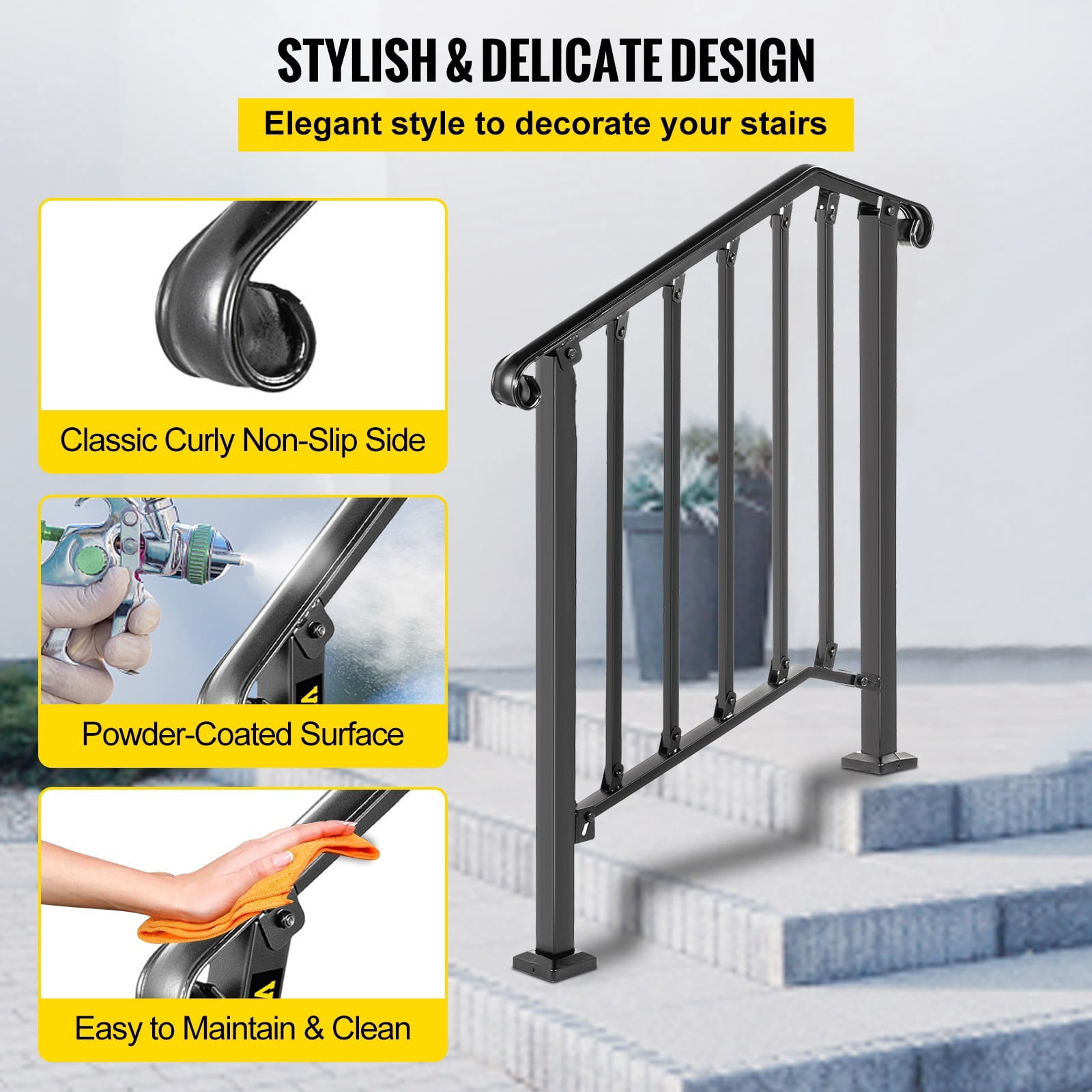 BENTISM Iron Handrail Picket Fits 2 or 3 Steps Stair Railing for Outdoor Garden