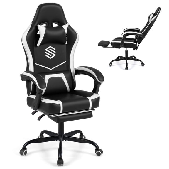 Costway Gaming Chair with Headrest, Lumbar Support, Linkage Armrests, Reclining Backrest Black & White