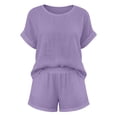 thumbnail image 5 of Zynoxe Womens Plus Size Short Sets Casual Cotton Linen Crew Neck Top and Shorts Matching Outfits with PocketsPurpleM, 5 of 7