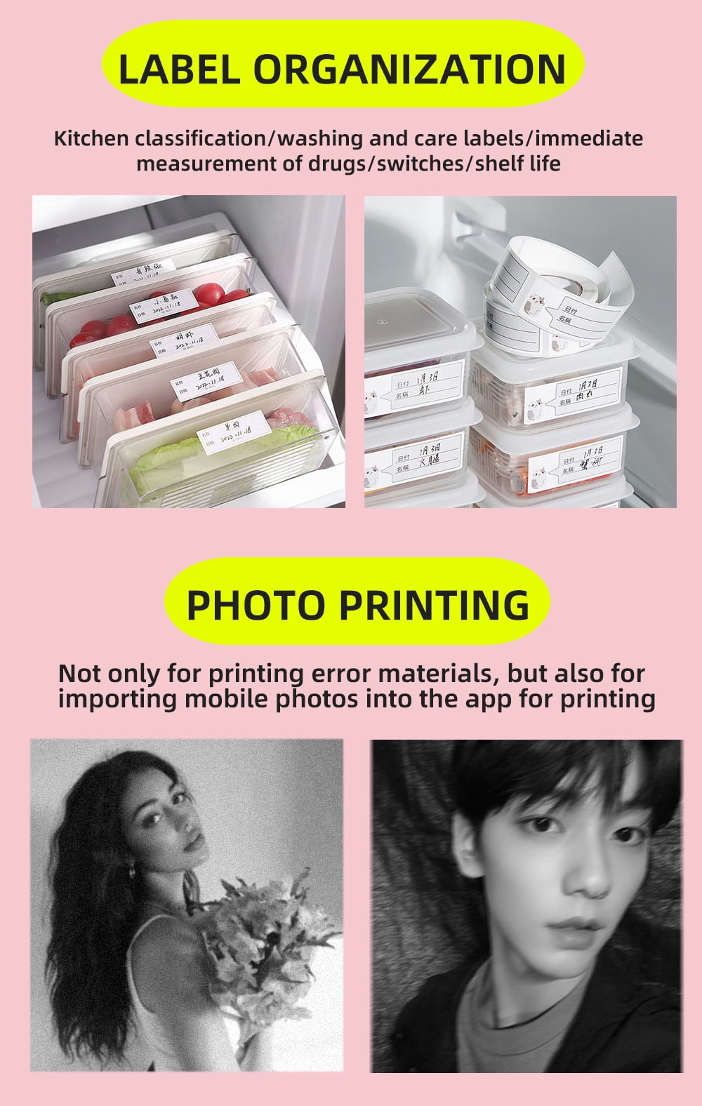 Printer - Thermal Bluetooth Mini Printer with 2 Roll Sticker Paper, Inkless Sticker Printer Print Pod for DIY, Scrapbook, Journal, Study Notes, Memo, List, Birthday （ White）