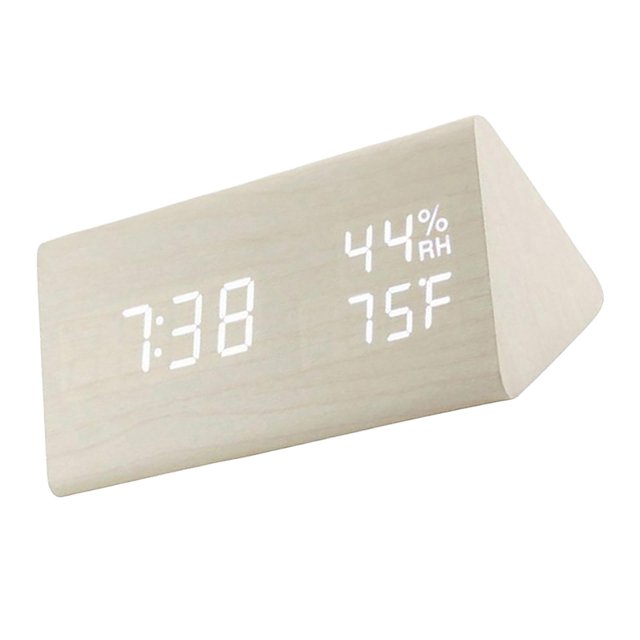 Despertador electrónico LED Temperatura de madera Pantalla de humedad Brillo Triángulo Control para dormitorio Oficina Escritorio - Blanco Baoblaze Despertador Digital
