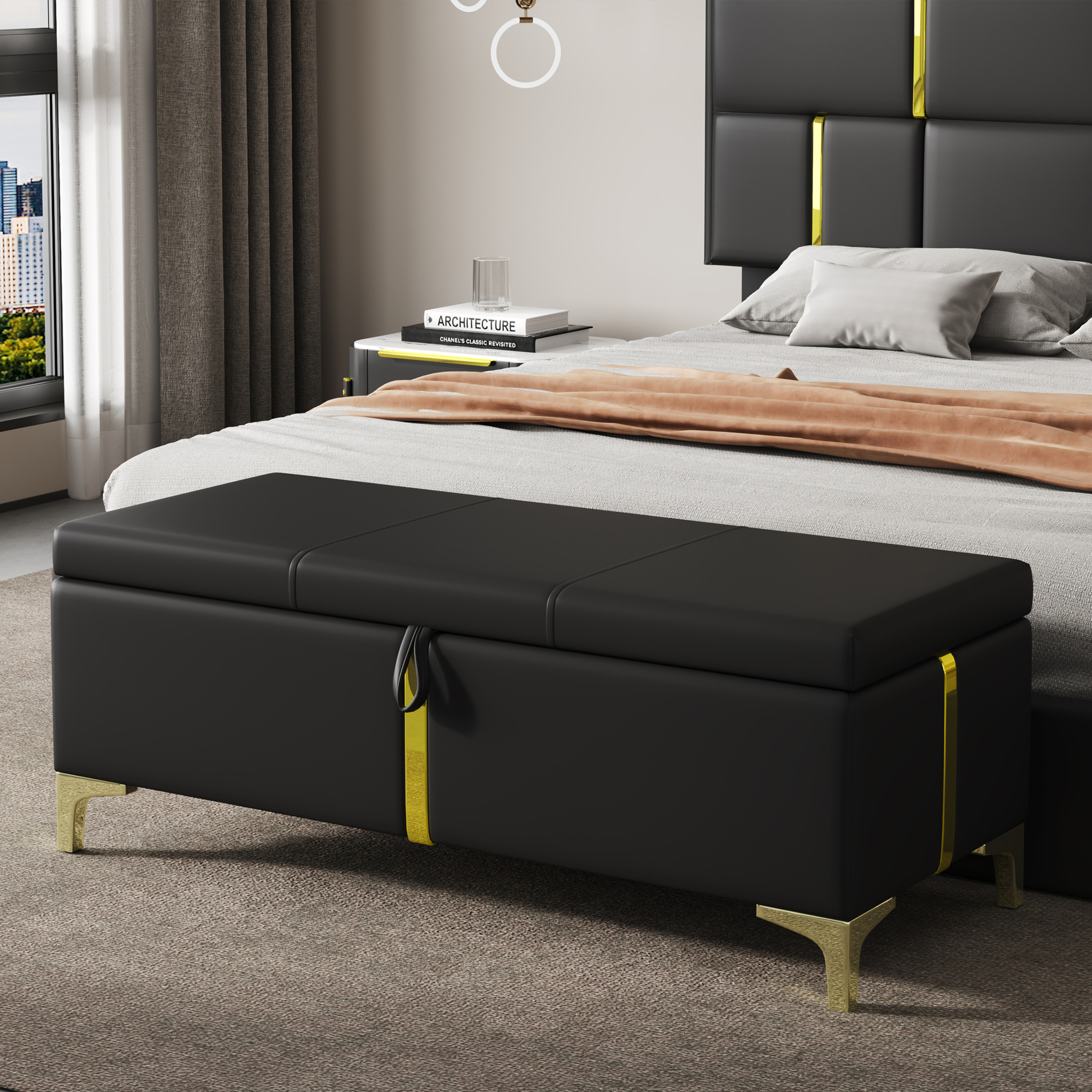 Noble House Elegant Upholstered Storage Ottoman Bench with Metal Legs, Bedroom & Living Room Storage Seat, Black