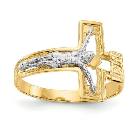 14K Two-tone Yellow and White Gold Crucifix Men's Ring - Size 10