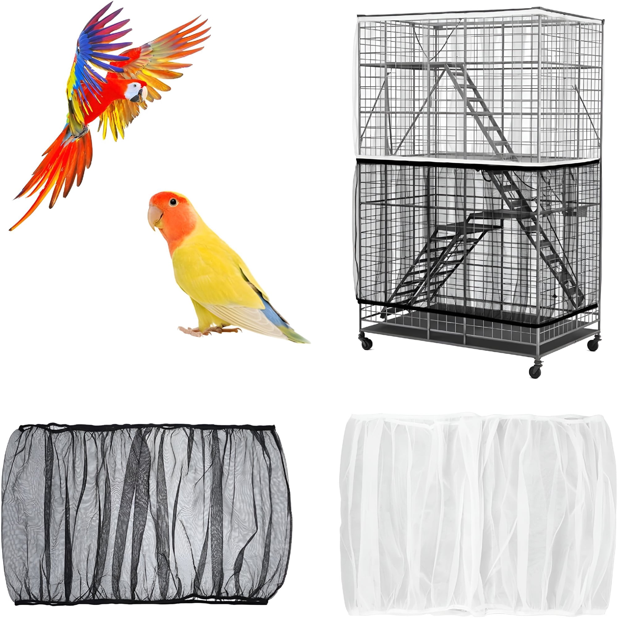 XIBUFE 2 Pack Bird Cage Seed Catcher, Adjustable Nylon Mesh Net Skirt Guard, Universal Cage Cover for Parrot Parakeet Cockatiel Canary Budgie, Reusable Mess Guard Accessory (Black, White)
