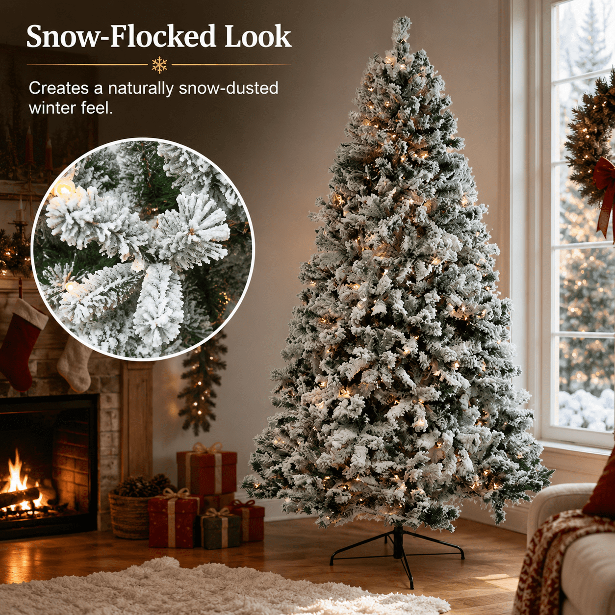 Alvantor 7 ft Pre-Lit Snow-Flocked Artificial Christmas Tree with 400 Warm and Cool White LED Lights, Remote Control and 1000 PVC Tips