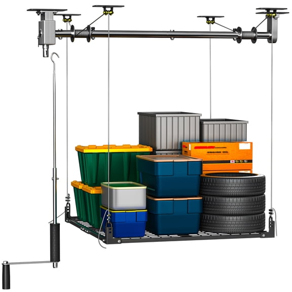 YOHKOH 4x4 Ft Overhead Garage Storage Rack – Heavy-Duty Ceiling Lift with Hand Crank, Adjustable Axle & Secure Lock, Holds 400 Lbs for Garage Organization