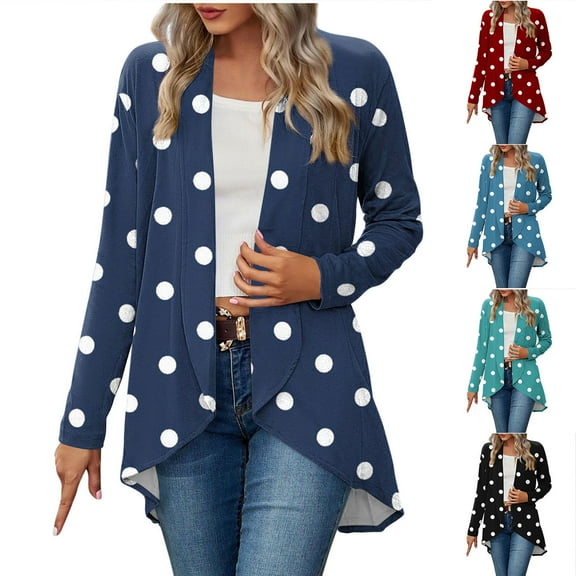 Aboser Womens Casual Shrug Cardigans Dressy Shawl Collar Blouses Lightweight Open Front Long Cardigan Trendy Polka Dot Printing Shirts Dusters