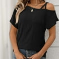 thumbnail image 2 of JGGSPWM Women's Summer Off One Shoulder Cross Strappy Waffle Knit Short Sleeve T-Shirts Lightweight Casual Solid Color Blouses Black 2XL, 2 of 7