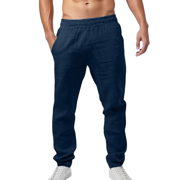 OSOLU Solid Color Men's Linen Trousers Lightweight Summer Long Slim Fit Casual With Drawstring Casual Beach Trousers Elastic Waistband Holiday Yoga Trousers Everyday Comfort Versatile Bottoms