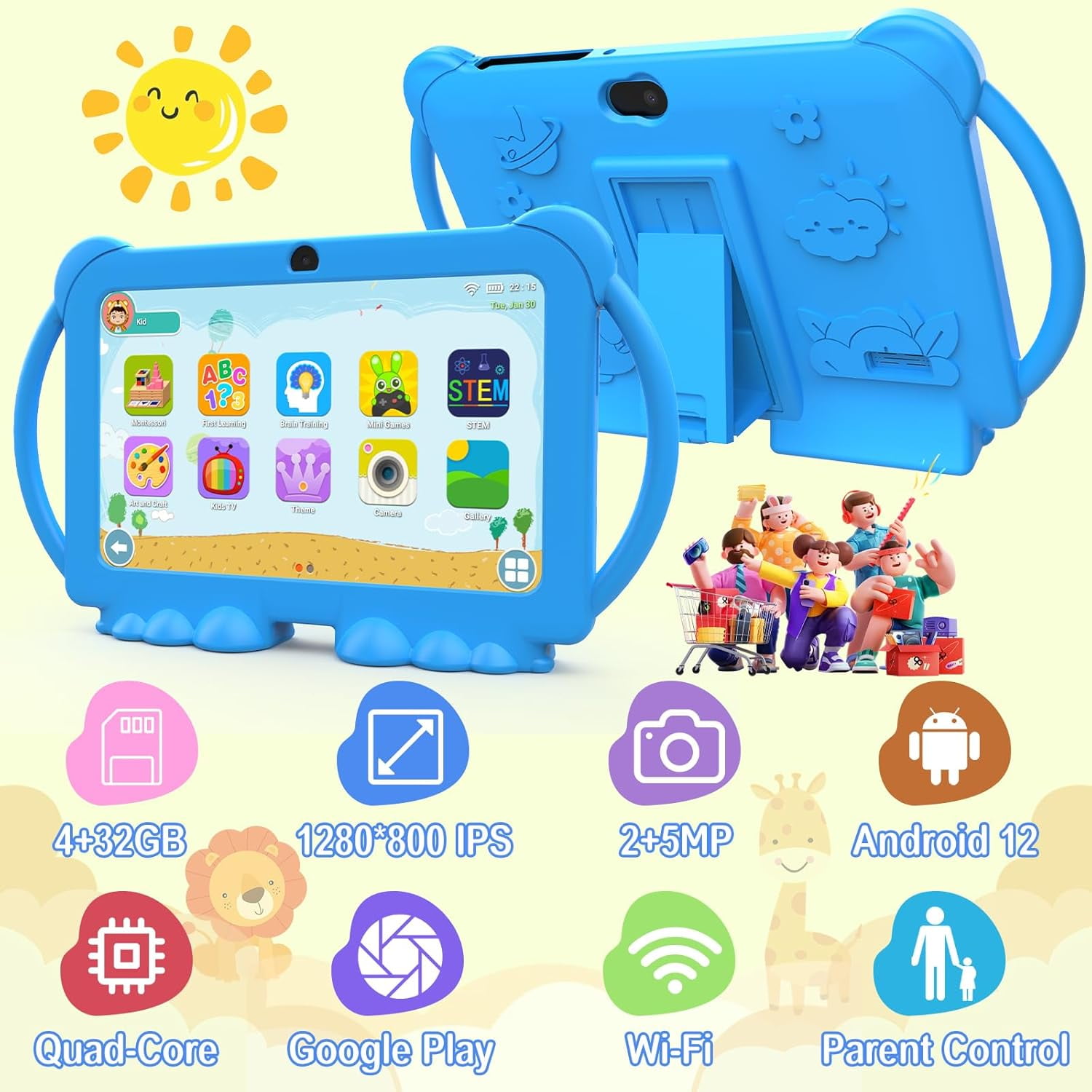 Kids Tablet 7 inch, Android 12 Tablet for Kids, 4GB RAM 32GB ROM, 512GB Expandsion, with Parental Control, Google Certified Toddler Tablet, WiFi, Bluetooth, Dual Camera with Silicone Case