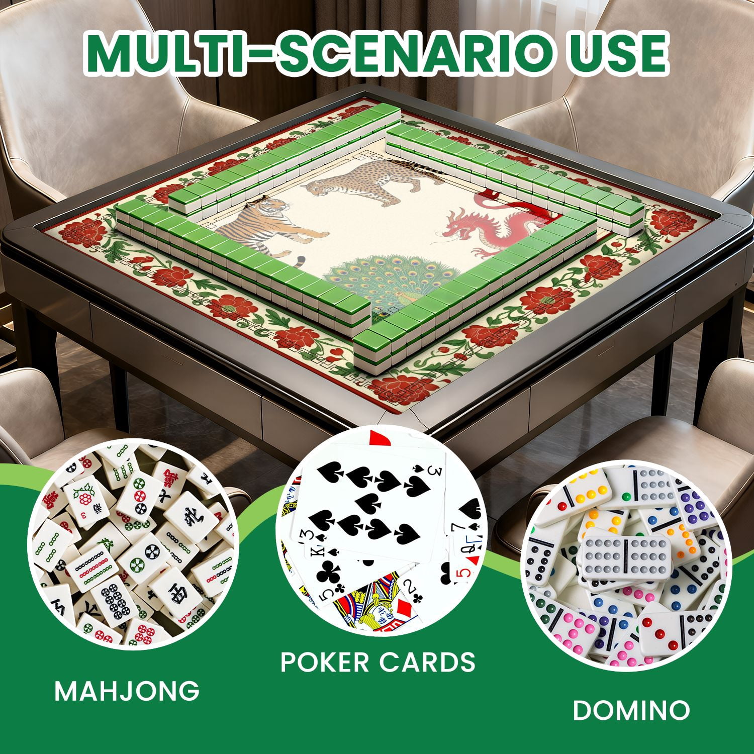 Mahjong Mat 31.5" x 31.5" Tiger Leopard Peacock Red Dragon Floral Border Non-Slip Noise Reduction American Mahjong Tiles Table Cover for Dominoes Poker Card Board Games Gift