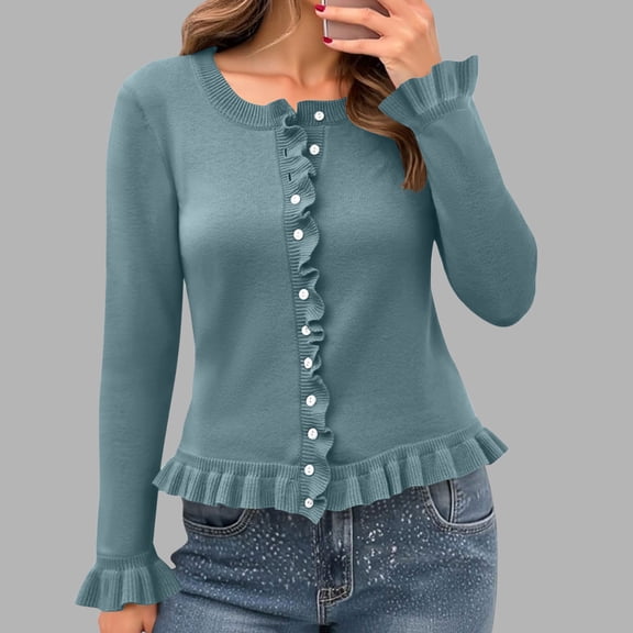 ClodeEU Women's Knit Sweater Cardigan with Ruffle, Solid Color Round Neck Button Front Long Sleeve Top Blue,Womens Plus S