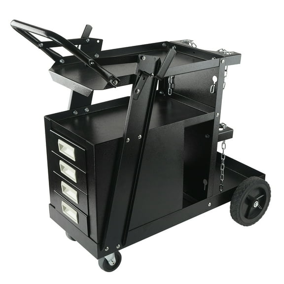 KFFKFF Welding Trolley, Dual-Level 4-Compartment Welder Trolley with a Load Capacity of 265 LBS, 360° Rotating Wheels, Cylinder Storage Safety Chains, Robust Mobile MIG Welder Trolley