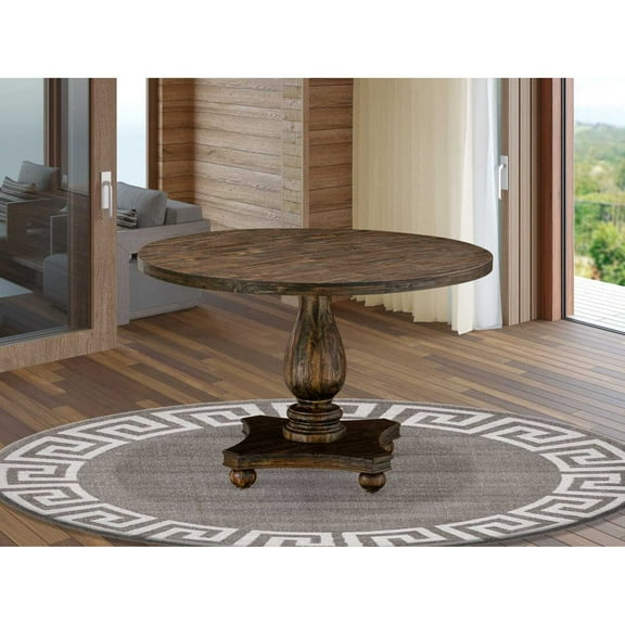East West Furniture IRVING Round Dining Table with Pedestal - Rustic Rubberwood Table in Distressed Jacobean Finish, 48 Inch