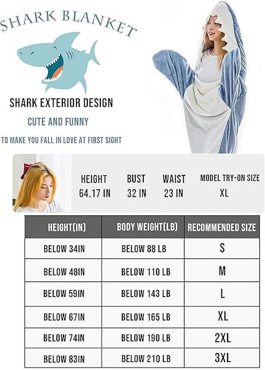 XXXL Size Flannel Shark Blanket Hoodie, Soft Cozy Warm Wearable Shark Blanket, Funny Shark Onesie Sleeping Bag Blanket，Wearable shark blanket hoodie cartoon animal one-piece blanket(Blue）