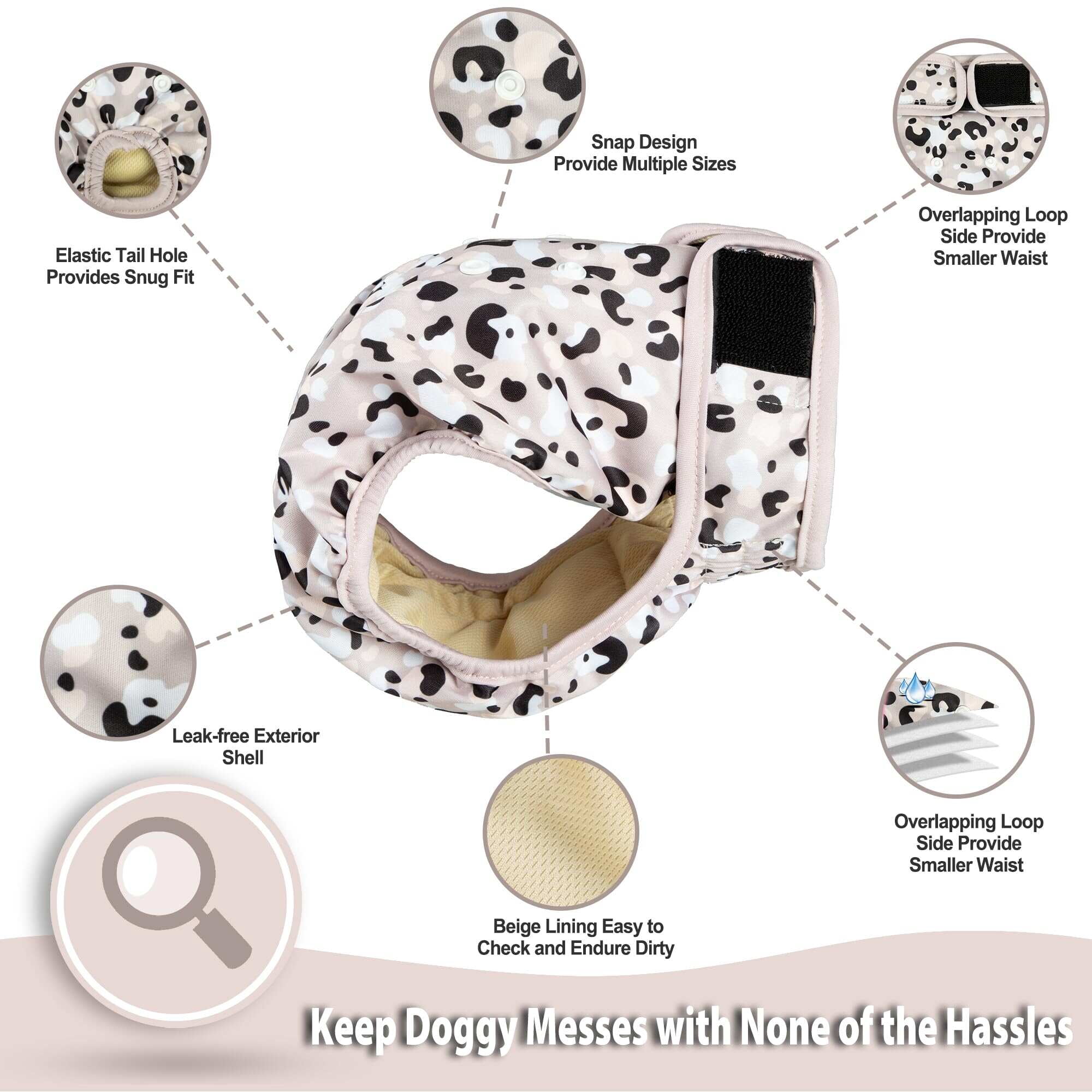 Langsprit Washable Female Dog Diapers (3 Pack) - No Leak Reusable Diapers for Doggy Female in Period - Highly Absorbent Dog Heat Panties with Adjustable Snaps,Leopard,L