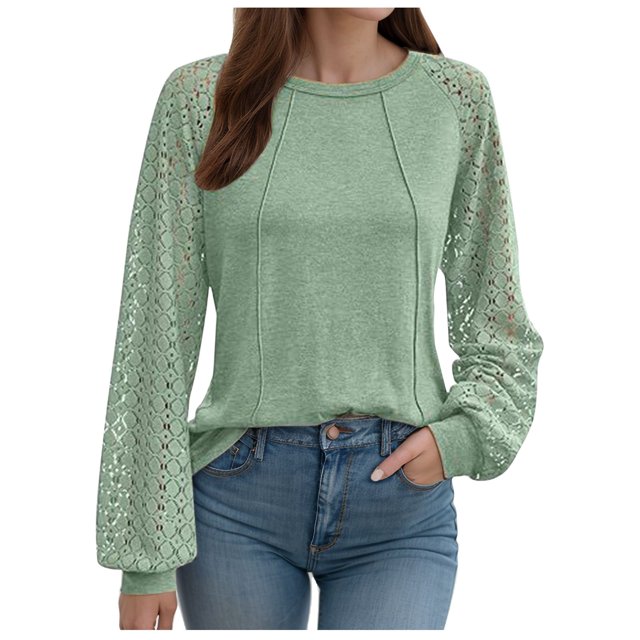 NINGMENG Womens Tops Solid Color Lace Long Sleeve Crew Neck Pleated Tops Pullover Tee Shirts Daily-Wear,Green,L