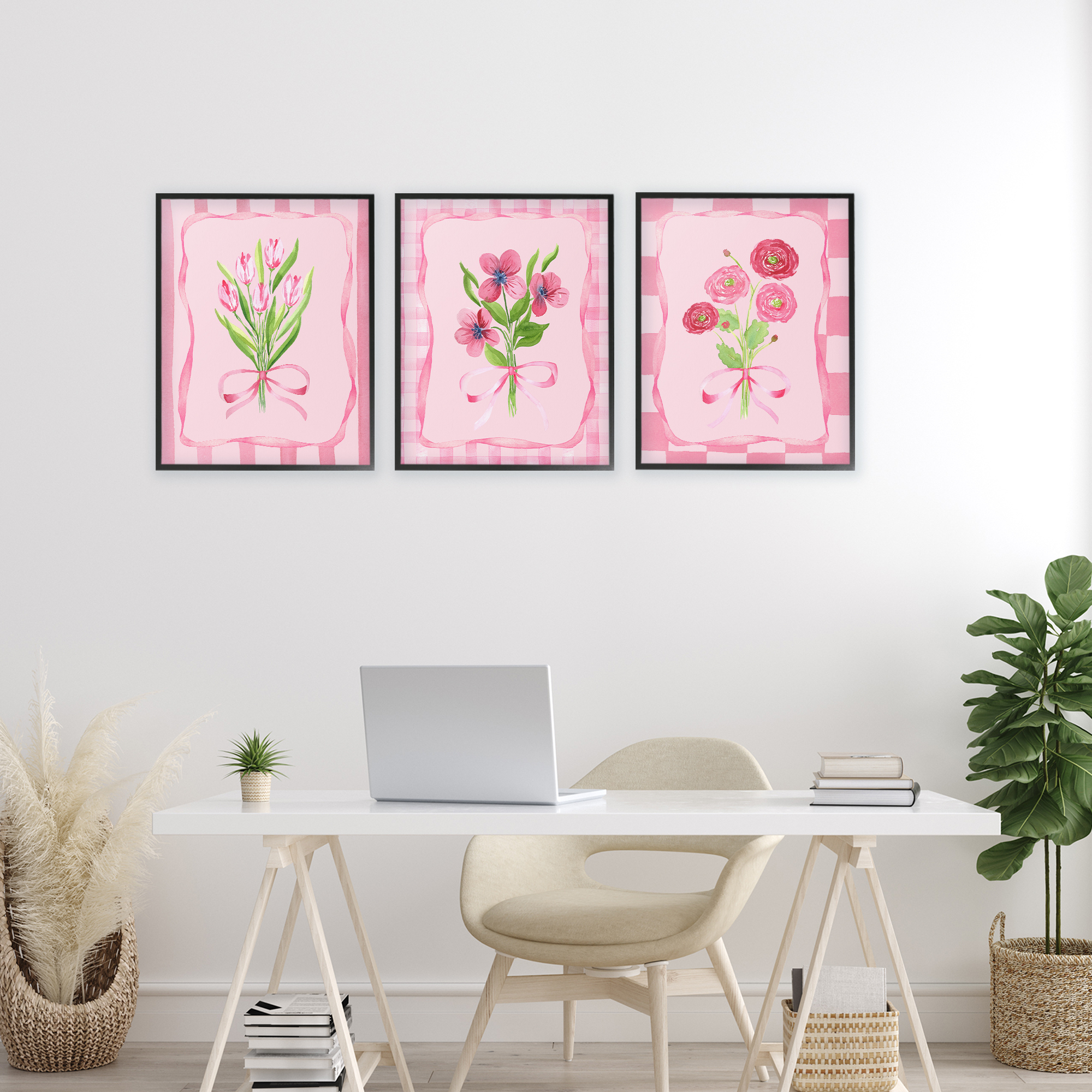 Pretty & Sweet Bordered Flowers 3 Piece Black Framed Giclee Art Set, design by Nina Jacobs