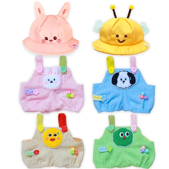 20cm (8") Plush/Cotton Doll Clothes Set – 4 Corduroy Overall Outfits   2 Cute Hats, Dress-Up Accessories for 20cm Dolls (2 Styles)