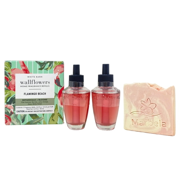 Bath & Body Works Flamingo Beach 2-Pack Home Fragrance Refill Bulbs with a Himalayan Salts Springs Sample Soap
