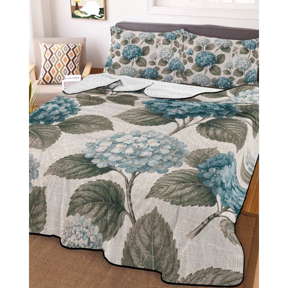 King Quilt Bedding Set, Retro Teal Hydrangea Flower Lightweight Coverlet Summer Comforter Set Soft Microfiber Bedspread, Rustic Bloom Floral Leaves 3 Piece Quilt Set with 2 Pillow Shams