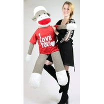 American Made Big Plush Giant Sock Monkey Valentines Day Stuffed Animal 54 Inch Soft Wears Removable T-shirt that says I LOVE YOU