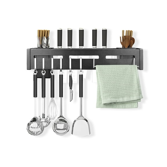 16In Stainless Steel Kitchen Knife Holder Wall Mounted with Hooks, Heavy Duty Adhesive Knife Strip for Wall, Kitchen Knife Storage Block, Knife Rack Organizer for Hanging Spoon Chopsticks