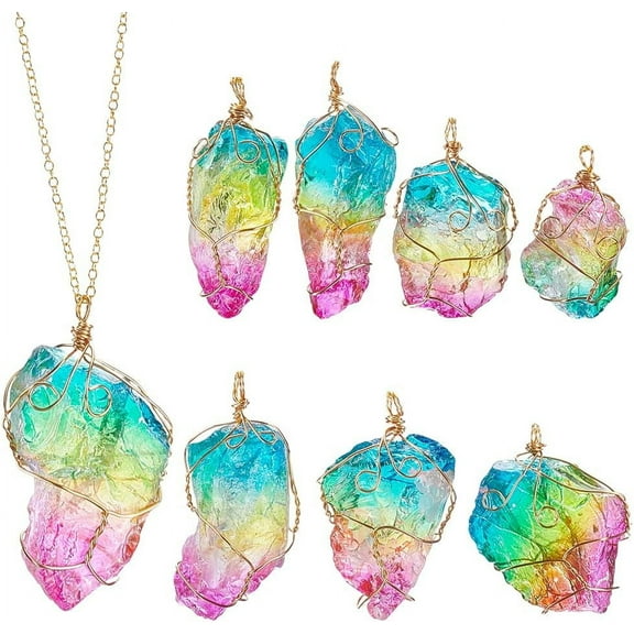 8Pcs Natural Quartz Stone Pendant Colorful Irregular Rock Stone Pendants Charms with Light Gold Copper Wire Wrapped for Necklace