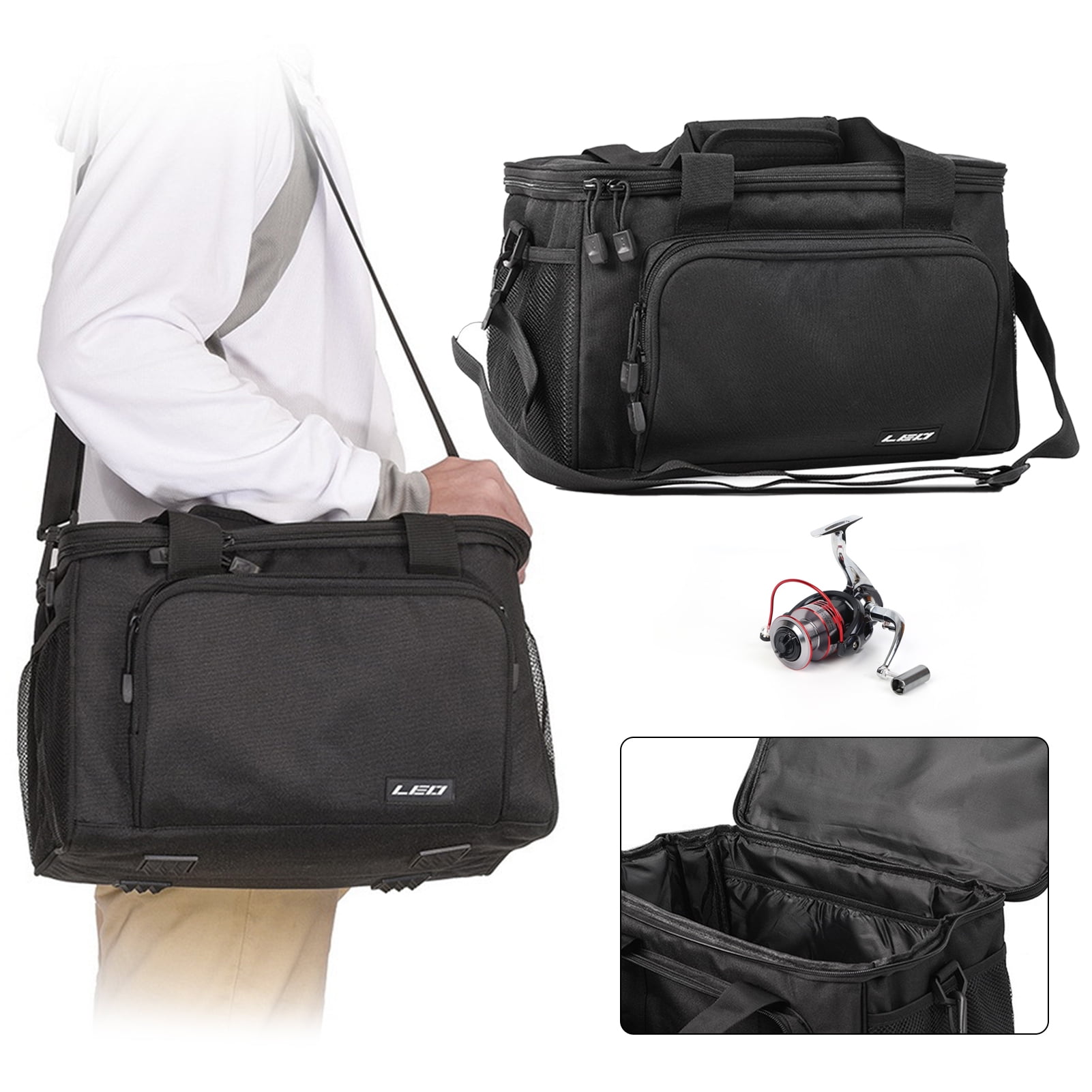 Fishing Tackle Bag Square Multi-pocket Smooth Zipper Adjustable Shoulder Strap Portable Large Capacity 600D Canvas Fishing Gear Hard Lure Storage Bag for Outdoor