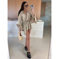 thumbnail image 5 of Women'S Layered Bell Sleeve Tie Neck Mini Dresses Ruffle Belted Tunic Dress Khaki M, 5 of 8