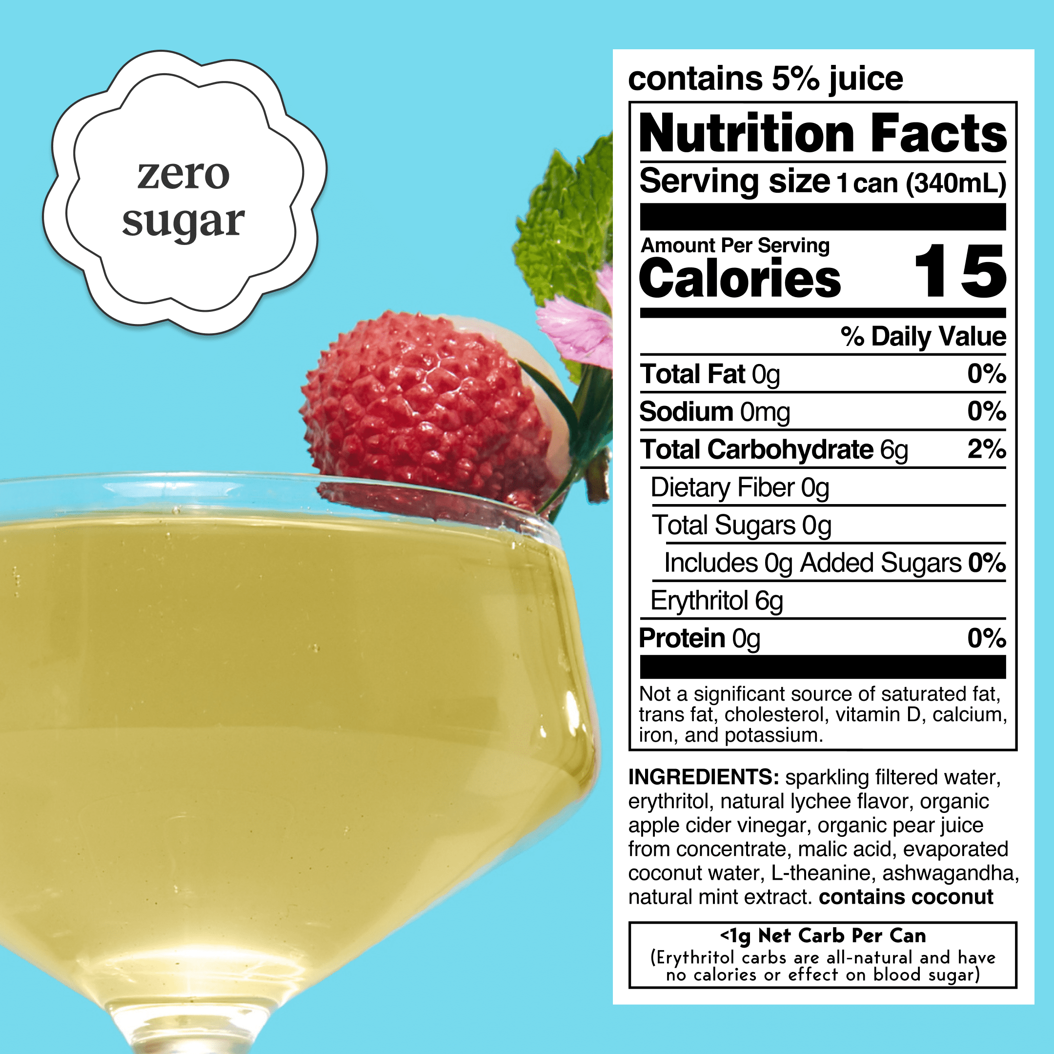 Moment Mocktails Non Alcoholic Drinks (Shark Tank) | SPARKLING Lychee Mojito Adaptogen Drink | L-Theanine & Ashwagandha for Calm & Clarity | 0 Added Sugar 0 Caffeine | 12-pack