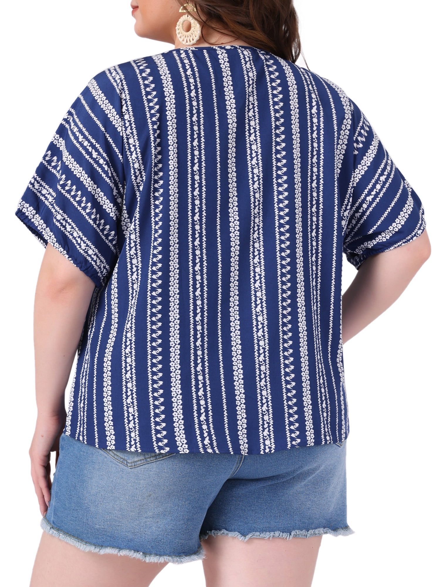 DARING DIVA Women's Plus Boho Tops Floral Tied V Neck Blouse Shirts 1X Navy Blue