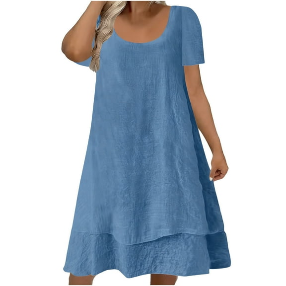 CHGBMOK Dresses for Women Solid Boho Casual Dress Crew Neck Short Sleeve Midi Dress Lightweight Flowy Casual Dress Spring Summer