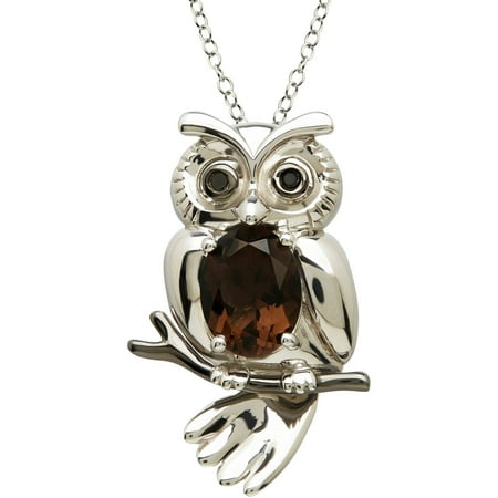 Smoky Topaz and Black Diamond Accent Sterling Silver Owl Pendant, 18