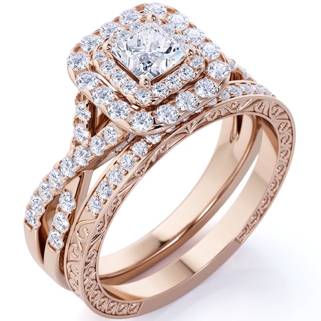 Alianza de boda JeenMata de 1,25 ct con moissanita cuadrada, doble halo trenzado y pavé de inspiración vintage, chapada en oro rosa