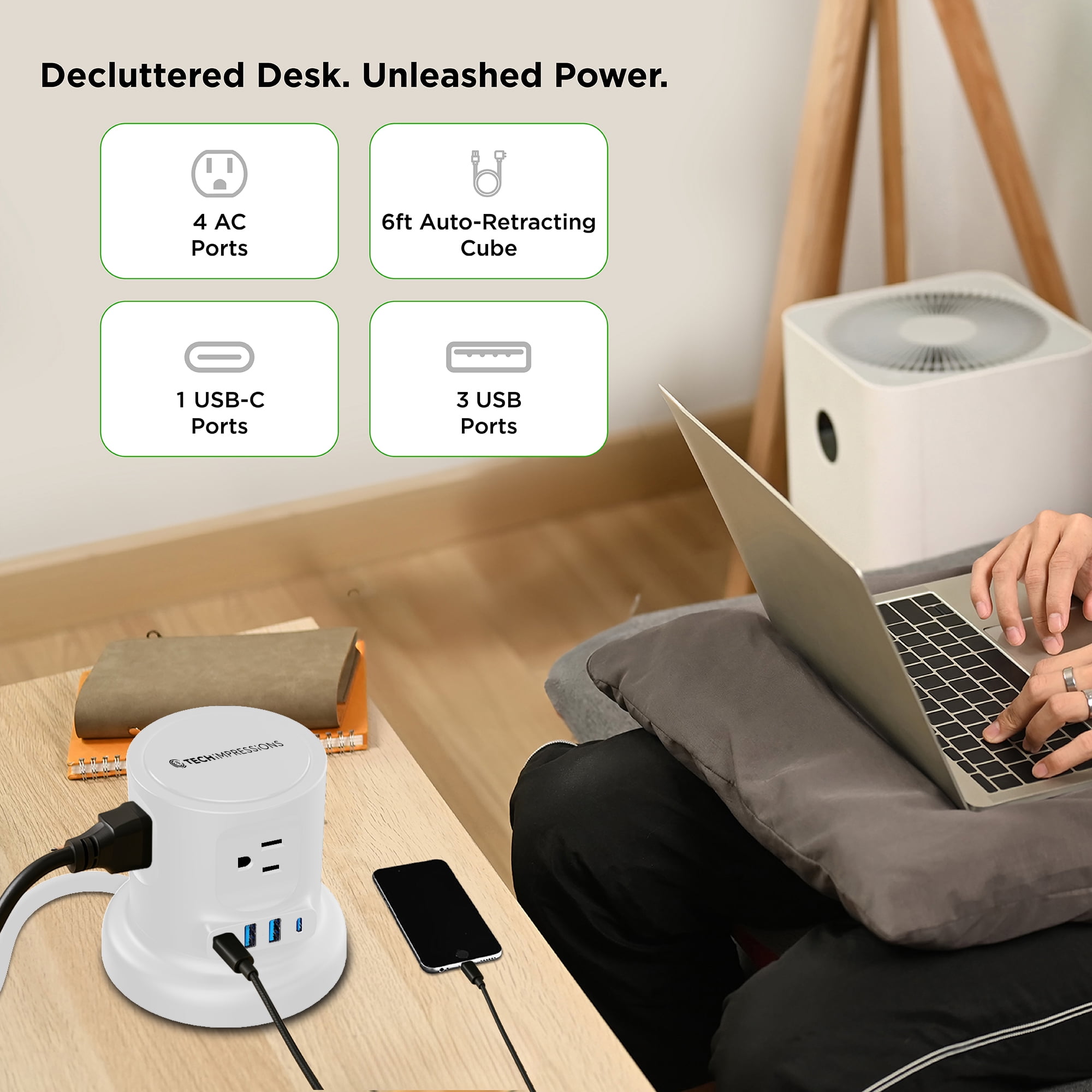 Retractable Power Strip Tower, 8-in-1 Surge Protector with 4 AC Outlets, 2 USB-C, 2 USB-A, 6ft Auto-Retracting Cord, Fast Charging Charging Station, White