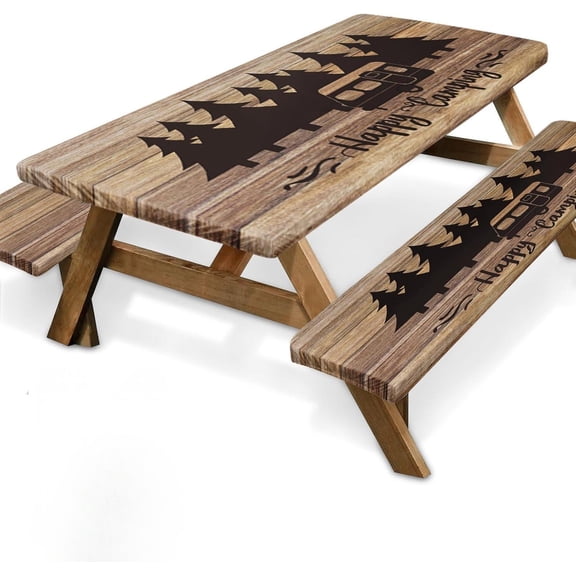 Picnic Table Cover with Bench Covers Elastic Edges, Wooden Camper Fitted Table Cover, Outdoor Patio Camping Essentials 72 Inch 3PCS, Waterproof Camping Fitted Tablecloth