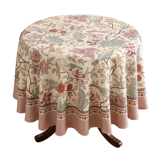 Mantel vintage redondo con diseño de pájaros rosas, 140 cm