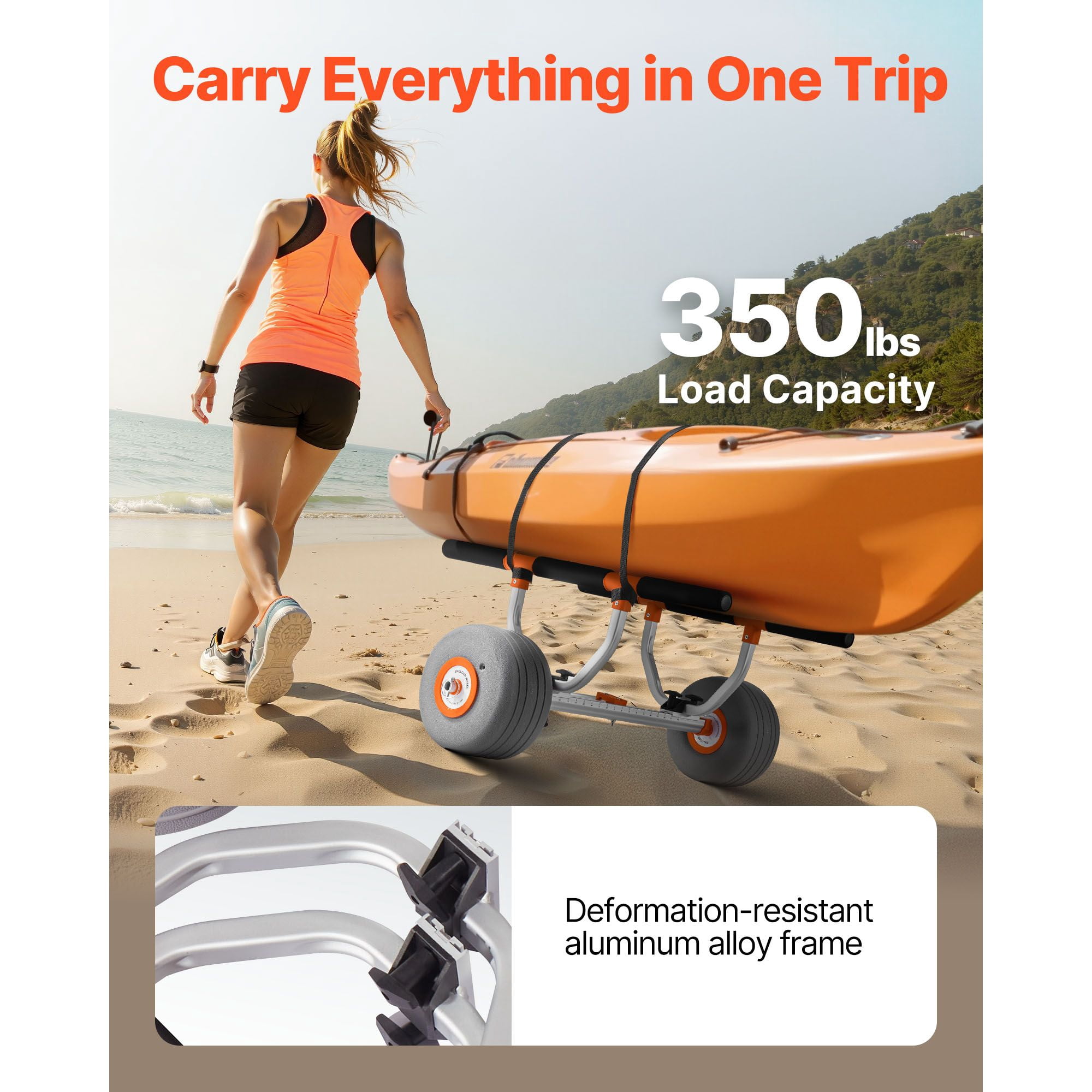Dranite Kayak Cart 12" Inflatable 350lb - 2 Straps, Quick Fold