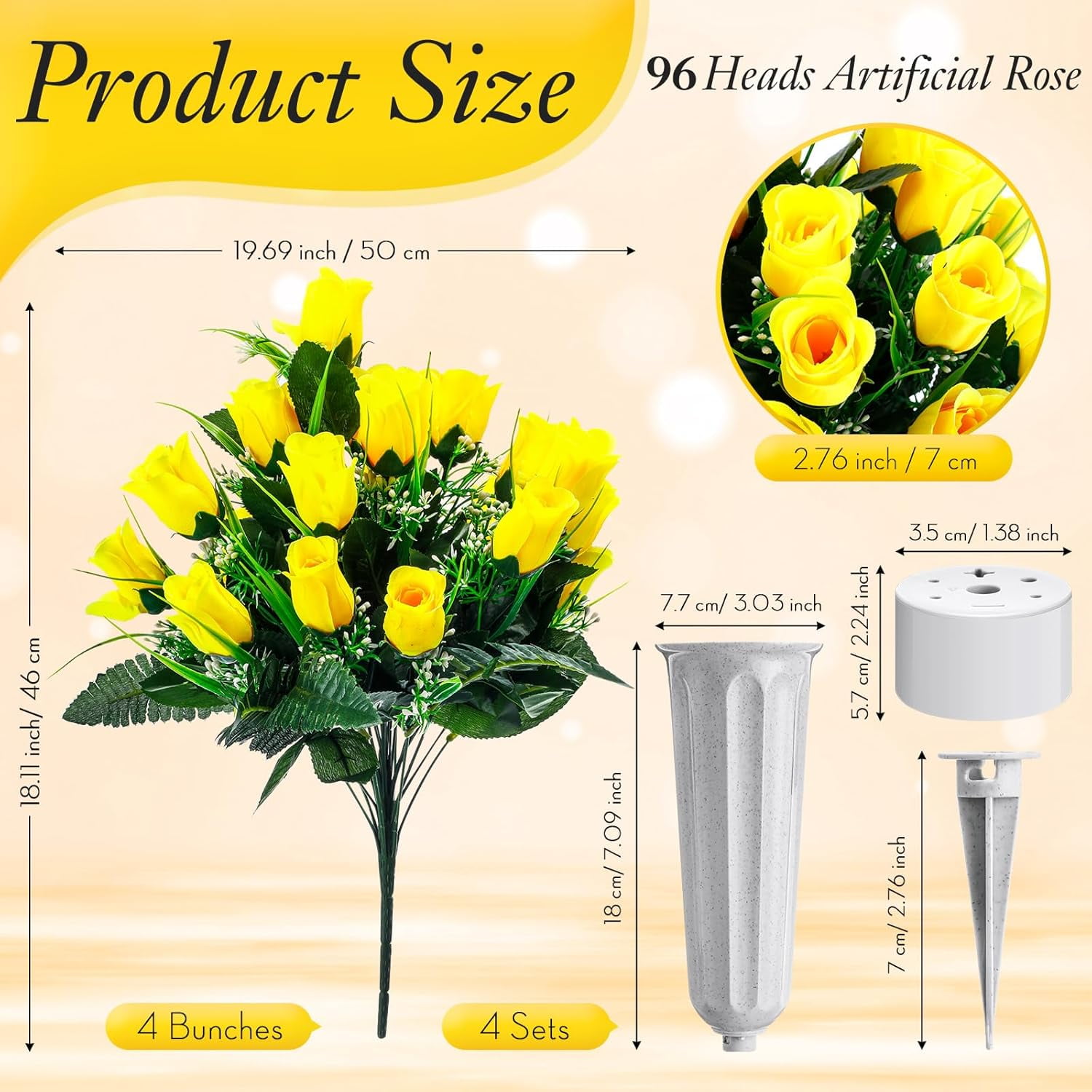 Cemetery Flowers for Grave 96 Heads Artificial Rose Bouquet Arrangement with Vase Silk Memorial Flowers for Christmas Memorial Day(Yellow)
