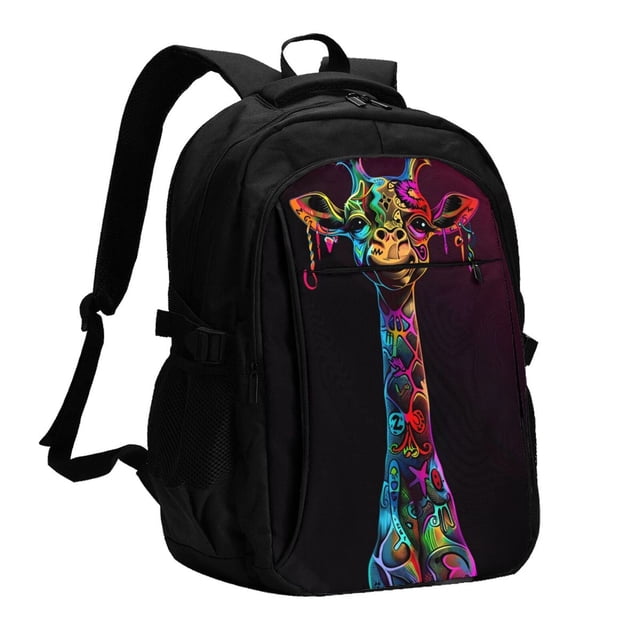 Disketp Neon Psychedelic Giraffe Mochila de Viaje Estampada para Laptop con Puerto de Carga USB, Mochila Impermeable para Computadora – Regalo para Hombres y Mujeres