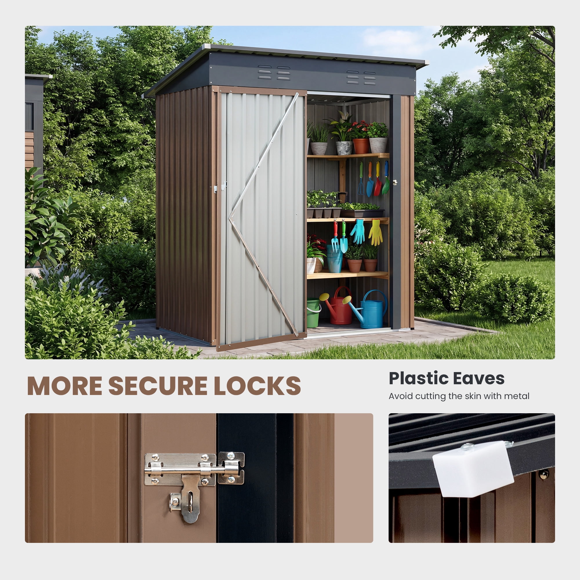 EDX 5' x 3' Outdoor Metal Storage Shed with Lockable Door – Sloped Roof & Galvanized Steel, Brown