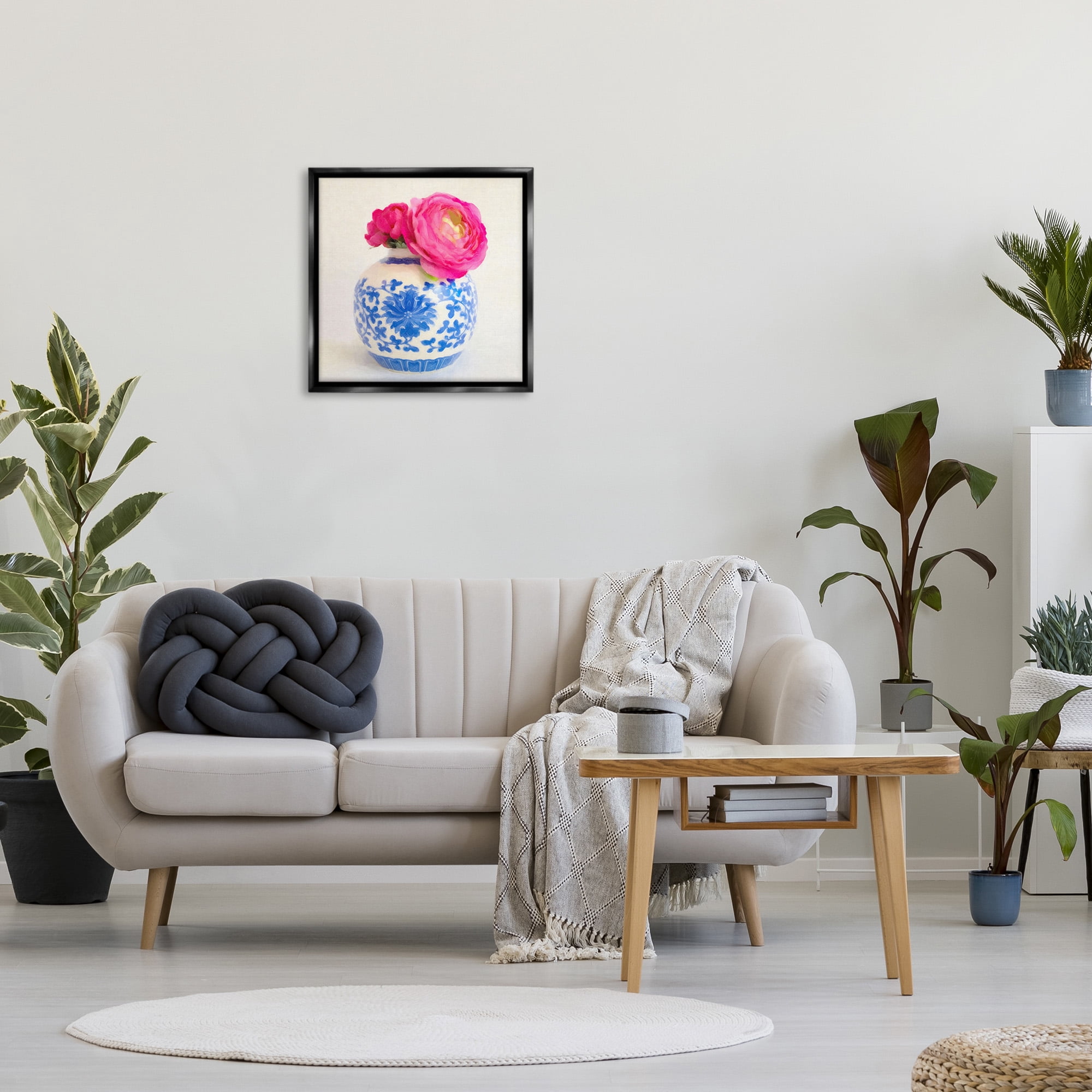 Stupell Industries Pink Bloom & Ornate Vase Botanical & Floral Painting Black Floater Framed Canvas Art Print Wall Art, 25 x 25