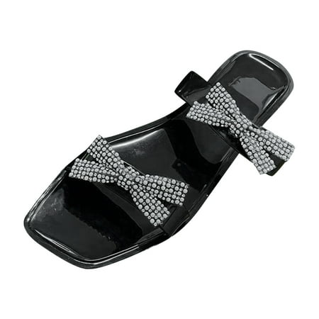 

Daznico Womens Sandals Women Slippers Summer Pearl Decoration Square Toe Open Toe Flat Bottom Non Slip Beach Sandals ( Black 6.5 )