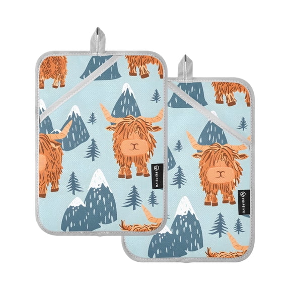 Pot Holders Set of 2 Heat Resistant 338℉ Kitchen Oven Gloves Potholder Cooking Baking Microwave Mitts Highland Cow and Mountains