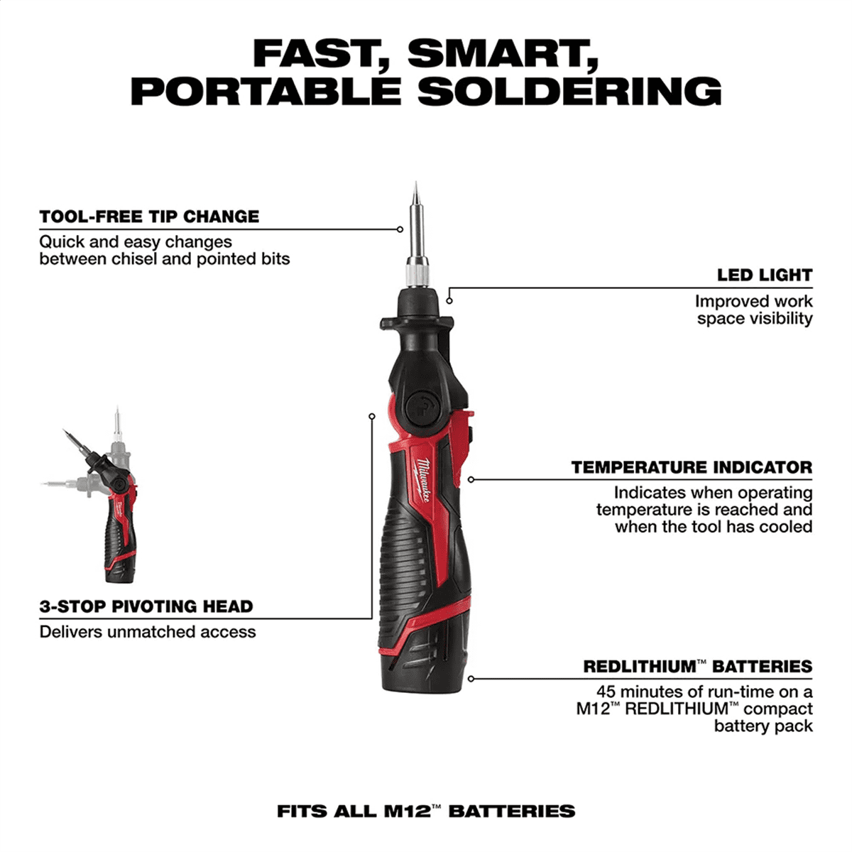 Milwaukee M12 Soldering Iron Kit, 18 Second Heat Up Time, Tool-Free Tip Change